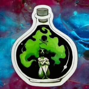 Woman Trapped In Bottle Green Goo Cloud Toxic Waste Biohazard Sticker